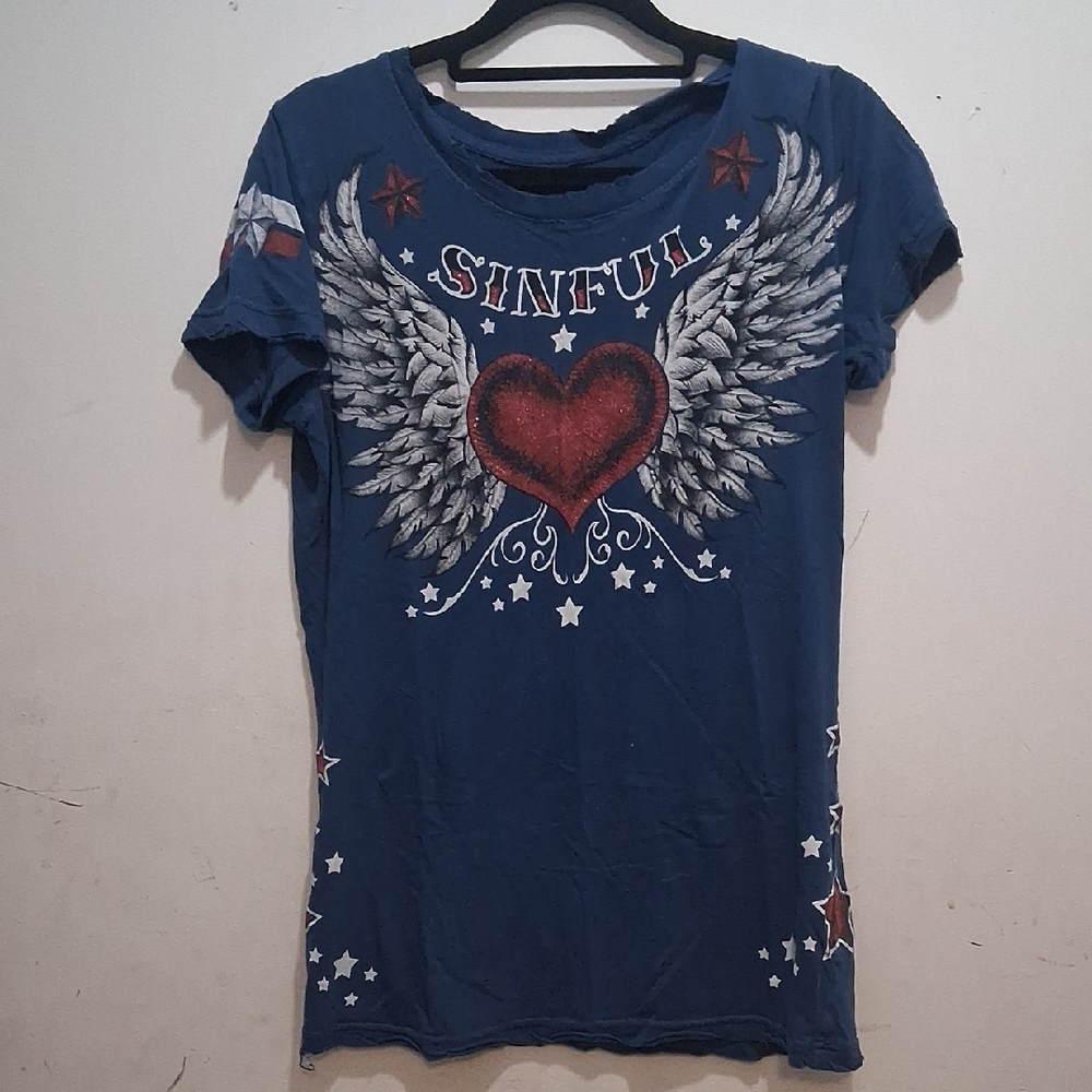 Sinful Blue Tee with Red Heart and White Wings